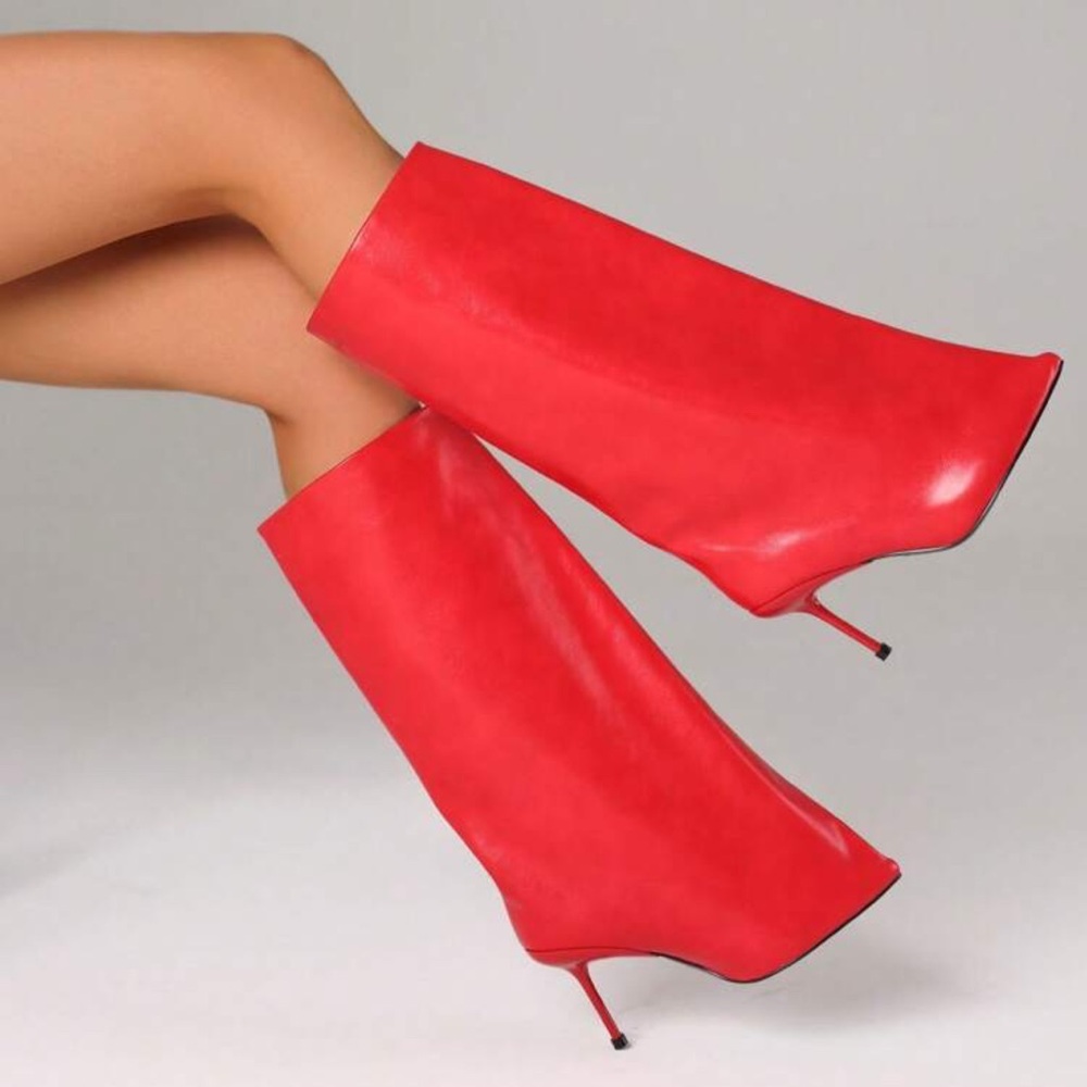 Knee High Red Slash Flare Boots Stiletto Heel